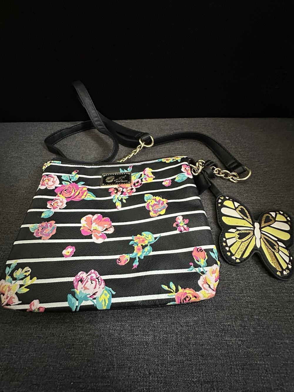 Luv Betsey Betsey Johnson Floral Stripe Crossbody Bag Butterfly Charm Black